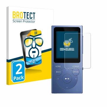 Vorderseite einer Produktverpackung mit dem Markenlogo BROTECT. Daneben ist das Gerät Sony Walkman NW-E394 mit dem zugehörigen