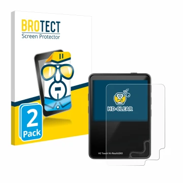 Vorderseite einer Produktverpackung mit dem Markenlogo BROTECT. Daneben ist das Gerät HifiWalker H2 touch mit dem zugehörigen 