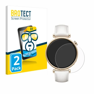 Vorderseite einer Produktverpackung mit dem Markenlogo BROTECT. Daneben ist das Gerät Huawei Watch GT 4 (41mm) mit dem zugehör