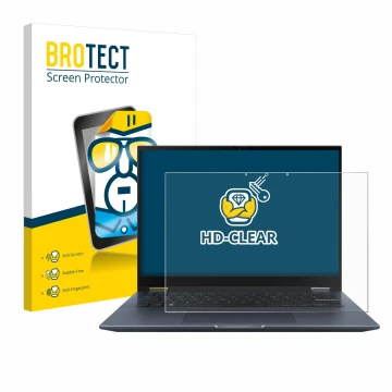 Vorderseite einer Produktverpackung mit dem Markenlogo BROTECT. Daneben ist das Gerät ASUS Vivobook S 14 Flip TP3402 mit dem z