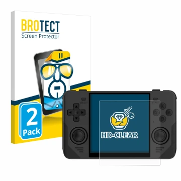 Vorderseite einer Produktverpackung mit dem Markenlogo BROTECT. Daneben ist das Gerät Powkiddy RGB30 mit dem zugehörigen Displ