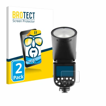 Vorderseite einer Produktverpackung mit dem Markenlogo BROTECT. Daneben ist das Gerät Godox V1 mit dem zugehörigen Displayschu