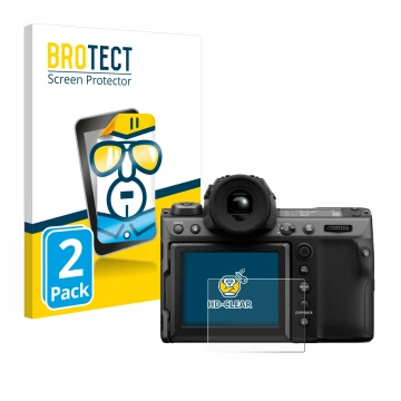 Vorderseite einer Produktverpackung mit dem Markenlogo BROTECT. Daneben ist das Gerät Fujifilm GFX100 II mit dem zugehörigen D