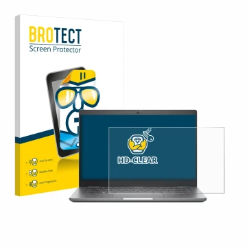 Vorderseite einer Produktverpackung mit dem Markenlogo BROTECT. Daneben ist das Gerät Dell Latitude 5340 Laptop mit dem zugehö