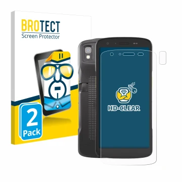 Vorderseite einer Produktverpackung mit dem Markenlogo BROTECT. Daneben ist das Gerät Zebra TC27 (Display+Kamera) mit dem zuge
