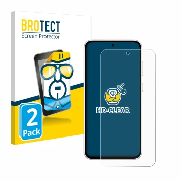 Vorderseite einer Produktverpackung mit dem Markenlogo BROTECT. Daneben ist das Gerät Samsung Galaxy S23 FE mit dem zugehörige