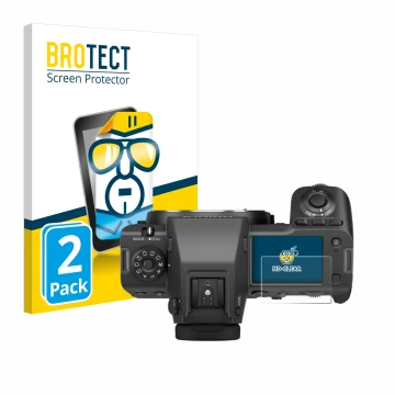 Vorderseite einer Produktverpackung mit dem Markenlogo BROTECT. Daneben ist das Gerät Fujifilm GFX100 II (Schulterdisplay) mit