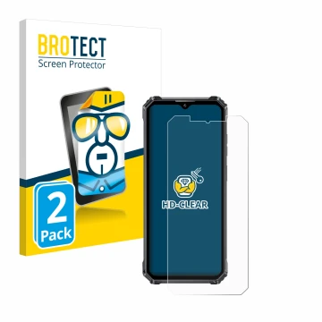 Vorderseite einer Produktverpackung mit dem Markenlogo BROTECT. Daneben ist das Gerät Oukitel WP28 mit dem zugehörigen Display