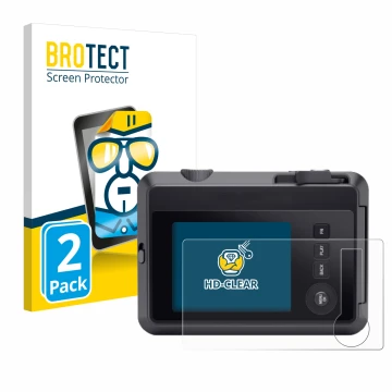 Vorderseite einer Produktverpackung mit dem Markenlogo BROTECT. Daneben ist das Gerät Leica SOFORT 2 mit dem zugehörigen Displ