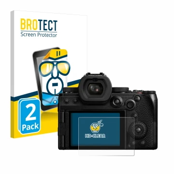 Vorderseite einer Produktverpackung mit dem Markenlogo BROTECT. Daneben ist das Gerät Panasonic Lumix DC-S5M2X mit dem zugehör