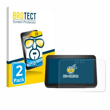 Vorderseite einer Produktverpackung mit dem Markenlogo BROTECT. Daneben ist das Gerät Amazon Echo Show 8 2023 (3. Gen.) mit de