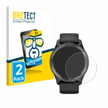 Vorderseite einer Produktverpackung mit dem Markenlogo BROTECT. Daneben ist das Gerät Garmin Vivomove Trend mit dem zugehörige