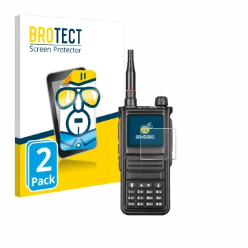 Vorderseite einer Produktverpackung mit dem Markenlogo BROTECT. Daneben ist das Gerät Radtel RT-470X mit dem zugehörigen Displ