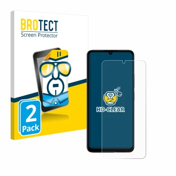Vorderseite einer Produktverpackung mit dem Markenlogo BROTECT. Daneben ist das Gerät Xiaomi Poco C65 mit dem zugehörigen Disp