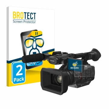 Vorderseite einer Produktverpackung mit dem Markenlogo BROTECT. Daneben ist das Gerät Panasonic HC-X2 mit dem zugehörigen Disp