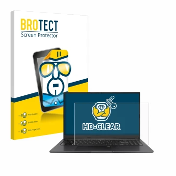 Vorderseite einer Produktverpackung mit dem Markenlogo BROTECT. Daneben ist das Gerät ASUS Vivobook 15 OLED mit dem zugehörige