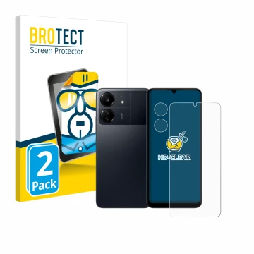 Vorderseite einer Produktverpackung mit dem Markenlogo BROTECT. Daneben ist das Gerät Xiaomi Poco C65 (Display+Kamera) mit dem
