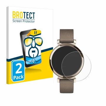 Vorderseite einer Produktverpackung mit dem Markenlogo BROTECT. Daneben ist das Gerät Garmin Lily 2 mit dem zugehörigen Displa