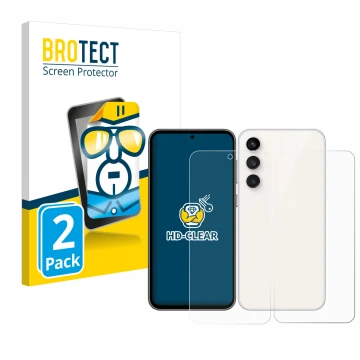 Vorderseite einer Produktverpackung mit dem Markenlogo BROTECT. Daneben ist das Gerät Samsung Galaxy S23 FE (Display+Rückseite