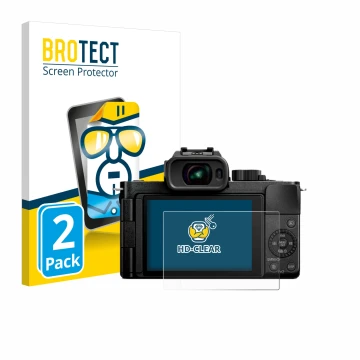 Vorderseite einer Produktverpackung mit dem Markenlogo BROTECT. Daneben ist das Gerät Panasonic Lumix DC-G100D mit dem zugehör