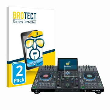 Vorderseite einer Produktverpackung mit dem Markenlogo BROTECT. Daneben ist das Gerät Denon DJ Prime 4+ mit dem zugehörigen Di