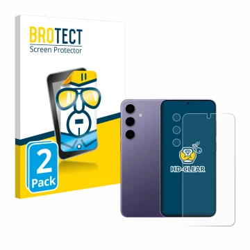 Vorderseite einer Produktverpackung mit dem Markenlogo BROTECT. Daneben ist das Gerät Samsung Galaxy S24 (Display+Kamera) mit 