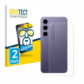Vorderseite einer Produktverpackung mit dem Markenlogo BROTECT. Daneben ist das Gerät Samsung Galaxy S24 (Rückseite) mit dem z
