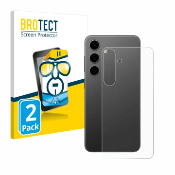 Vorderseite einer Produktverpackung mit dem Markenlogo BROTECT. Daneben ist das Gerät Samsung Galaxy S24 Plus (Rückseite) mit 
