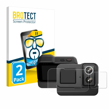 Vorderseite einer Produktverpackung mit dem Markenlogo BROTECT. Daneben ist das Gerät SJCAM SJ20 Dual Lens mit dem zugehörigen