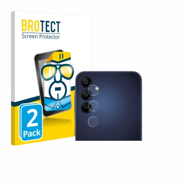 Vorderseite einer Produktverpackung mit dem Markenlogo BROTECT. Daneben ist das Gerät Samsung Galaxy A15 (NUR Kameraschutz) mi