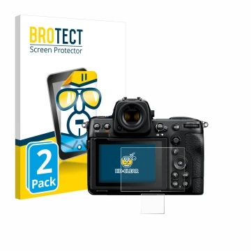 Vorderseite einer Produktverpackung mit dem Markenlogo BROTECT. Daneben ist das Gerät Nikon Z 8 (Display + Schulterdisplay) mi