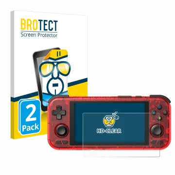 Vorderseite einer Produktverpackung mit dem Markenlogo BROTECT. Daneben ist das Gerät Retroid Pocket 4 Pro mit dem zugehörigen