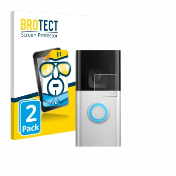 Vorderseite einer Produktverpackung mit dem Markenlogo BROTECT. Daneben ist das Gerät Ring Video Doorbell Plus mit dem zugehör