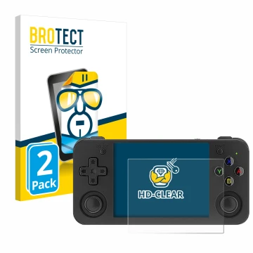Vorderseite einer Produktverpackung mit dem Markenlogo BROTECT. Daneben ist das Gerät Anbernic RG35XX H mit dem zugehörigen Di