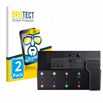 Vorderseite einer Produktverpackung mit dem Markenlogo BROTECT. Daneben ist das Gerät Line 6 POD Go mit dem zugehörigen Displa
