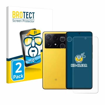 Vorderseite einer Produktverpackung mit dem Markenlogo BROTECT. Daneben ist das Gerät Xiaomi Poco X6 Pro (Display+Kamera) mit 