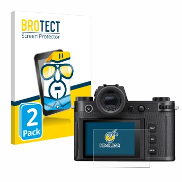 Vorderseite einer Produktverpackung mit dem Markenlogo BROTECT. Daneben ist das Gerät Leica SL3 mit dem zugehörigen Displaysch