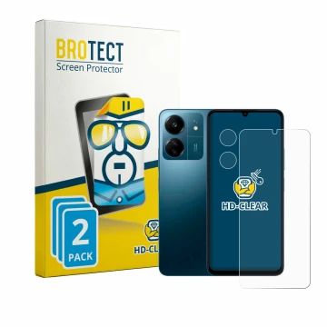 Vorderseite einer Produktverpackung mit dem Markenlogo BROTECT. Daneben ist das Gerät Xiaomi Redmi 13C (Display+Kamera) mit de