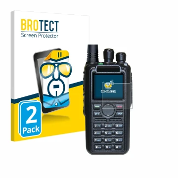Vorderseite einer Produktverpackung mit dem Markenlogo BROTECT. Daneben ist das Gerät AnyTone AT-D878UV II Plus mit dem zugehö