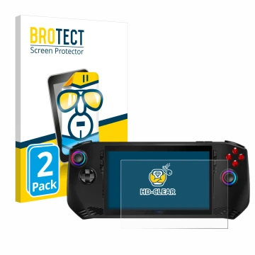 Vorderseite einer Produktverpackung mit dem Markenlogo BROTECT. Daneben ist das Gerät MSI Claw A1M mit dem zugehörigen Display