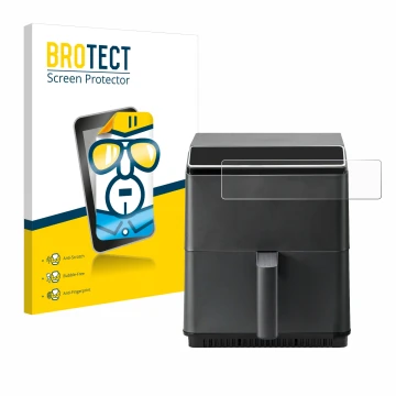 Vorderseite einer Produktverpackung mit dem Markenlogo BROTECT. Daneben ist das Gerät Cosori CAF-P583S mit dem zugehörigen Dis