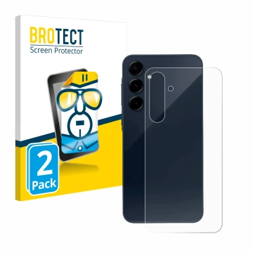 Vorderseite einer Produktverpackung mit dem Markenlogo BROTECT. Daneben ist das Gerät Samsung Galaxy A35 5G (Rückseite) mit de