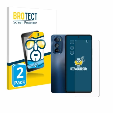 Vorderseite einer Produktverpackung mit dem Markenlogo BROTECT. Daneben ist das Gerät Motorola Edge 30 (Display+Kamera) mit de