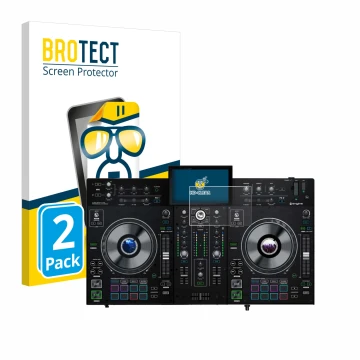 Vorderseite einer Produktverpackung mit dem Markenlogo BROTECT. Daneben ist das Gerät Denon DJ Prime 2 mit dem zugehörigen Dis