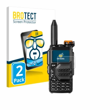 Vorderseite einer Produktverpackung mit dem Markenlogo BROTECT. Daneben ist das Gerät Quansheng UV-K5 mit dem zugehörigen Disp