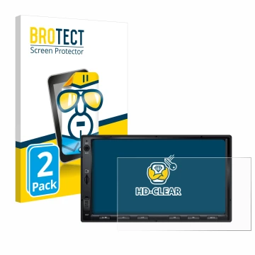 Vorderseite einer Produktverpackung mit dem Markenlogo BROTECT. Daneben ist das Gerät Atoto F7 WE mit dem zugehörigen Displays