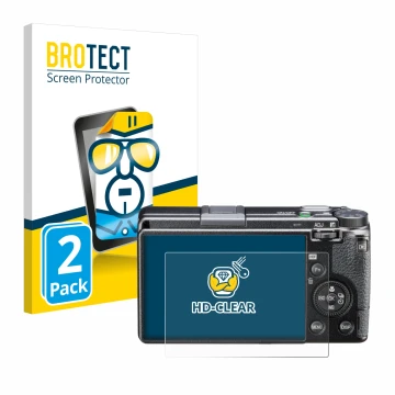 Vorderseite einer Produktverpackung mit dem Markenlogo BROTECT. Daneben ist das Gerät Ricoh GR III HDF mit dem zugehörigen Dis