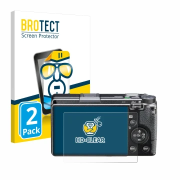 Vorderseite einer Produktverpackung mit dem Markenlogo BROTECT. Daneben ist das Gerät Ricoh GR IIIx HDF mit dem zugehörigen Di