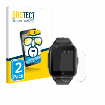 Vorderseite einer Produktverpackung mit dem Markenlogo BROTECT. Daneben ist das Gerät Leotec Kids Allo Plus 4G mit dem zugehör