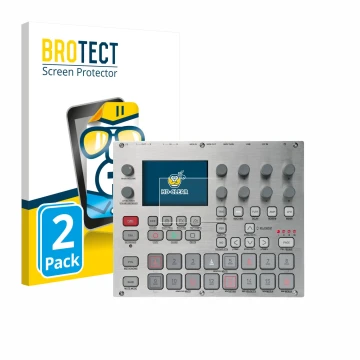 Vorderseite einer Produktverpackung mit dem Markenlogo BROTECT. Daneben ist das Gerät Elektron Syntakt E25 Remix Edition mit d